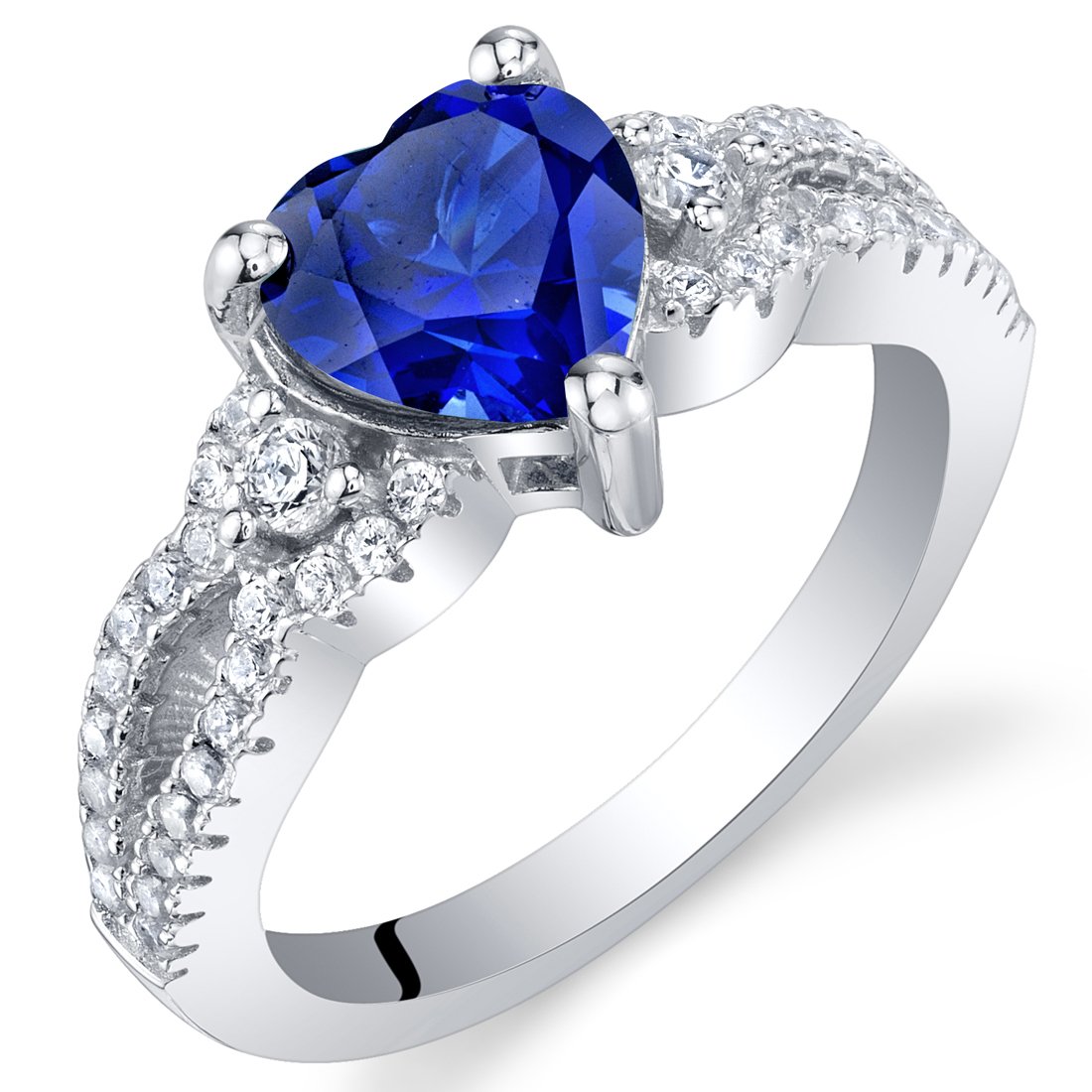 PEORA Created Blue Sapphire Heart Soulmate Ring 925 Sterling Silver, 1.75 Carats Heart Shape 7mm, Size 6