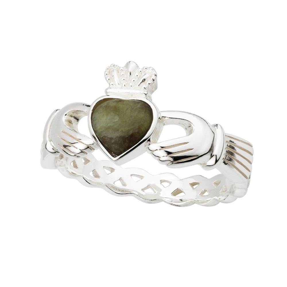 Celtic Weave Claddagh Ring Connemara Marble & Sterling Silver Size 6.5