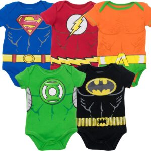 Warner Bros. Justice League Baby Boys' 5 Pack Superhero Bodysuits - Batman, Superman, The Flash, Aquaman and Green Lantern (6-9M)