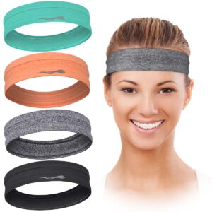 Workout Headbands for Women Men, Highly Absorbent Non-slip Sweatbands, Super Soft Stretchy Bandana Headband, Sweat Wicking Head Band for Sports Fitness Fashion Running Yoga Exercise Tennis (4-pack)