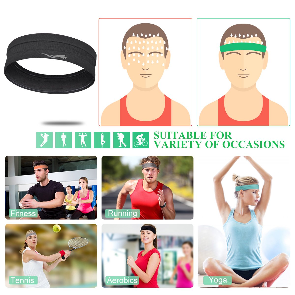 Workout Headbands for Women Men, Highly Absorbent Non-slip Sweatbands, Super Soft Stretchy Bandana Headband, Sweat Wicking Head Band for Sports Fitness Fashion Running Yoga Exercise Tennis (4-pack)