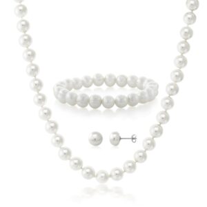 gem stone king 925 sterling silver cultured freshwater white pearl jewelry set - necklace, earrings and bracelet - perfect bridal gift