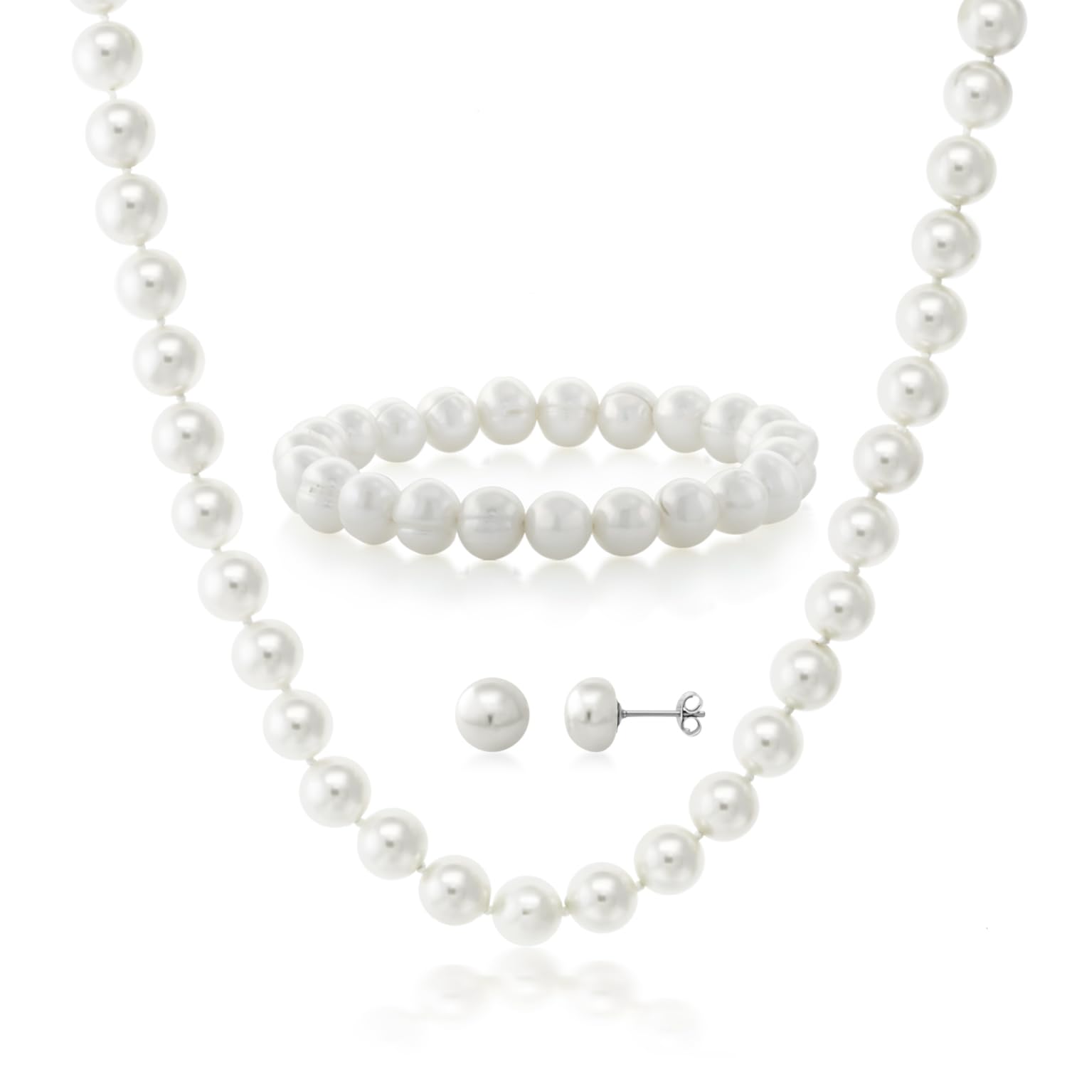 Gem Stone King 925 Sterling Silver Cultured Freshwater White Pearl Jewelry Set - Necklace, Earrings and Bracelet - Perfect Bridal Gift