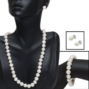 Gem Stone King 925 Sterling Silver Cultured Freshwater White Pearl Jewelry Set - Necklace, Earrings and Bracelet - Perfect Bridal Gift