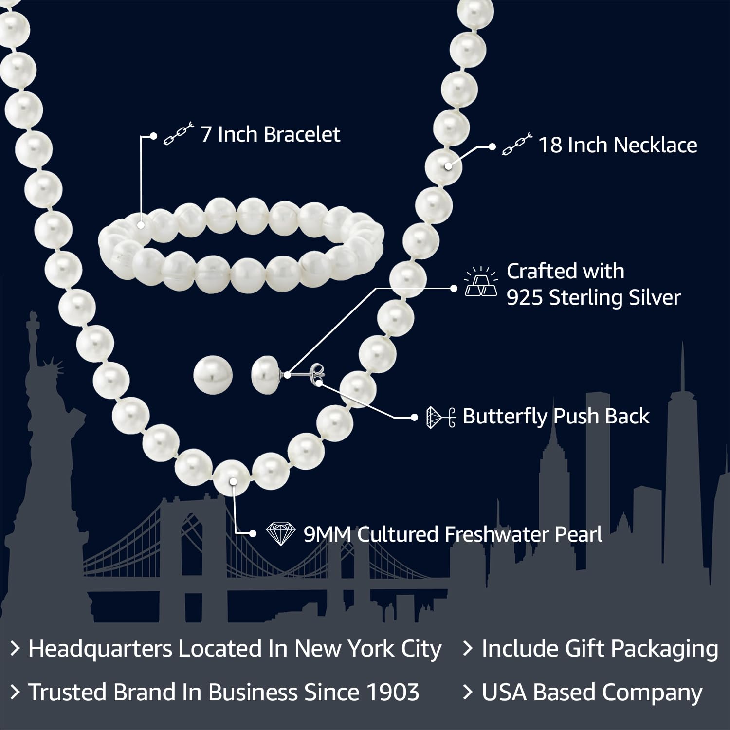 Gem Stone King 925 Sterling Silver Cultured Freshwater White Pearl Jewelry Set - Necklace, Earrings and Bracelet - Perfect Bridal Gift