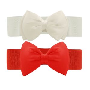 allegra k women press studs closure bowknot elastic waist belt white+red