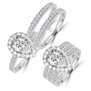 diamonbella realistic simulated diamond pear shaped halo ring double band set 2 carat solid 925 silver platinum plated peardbset7 (4.5)