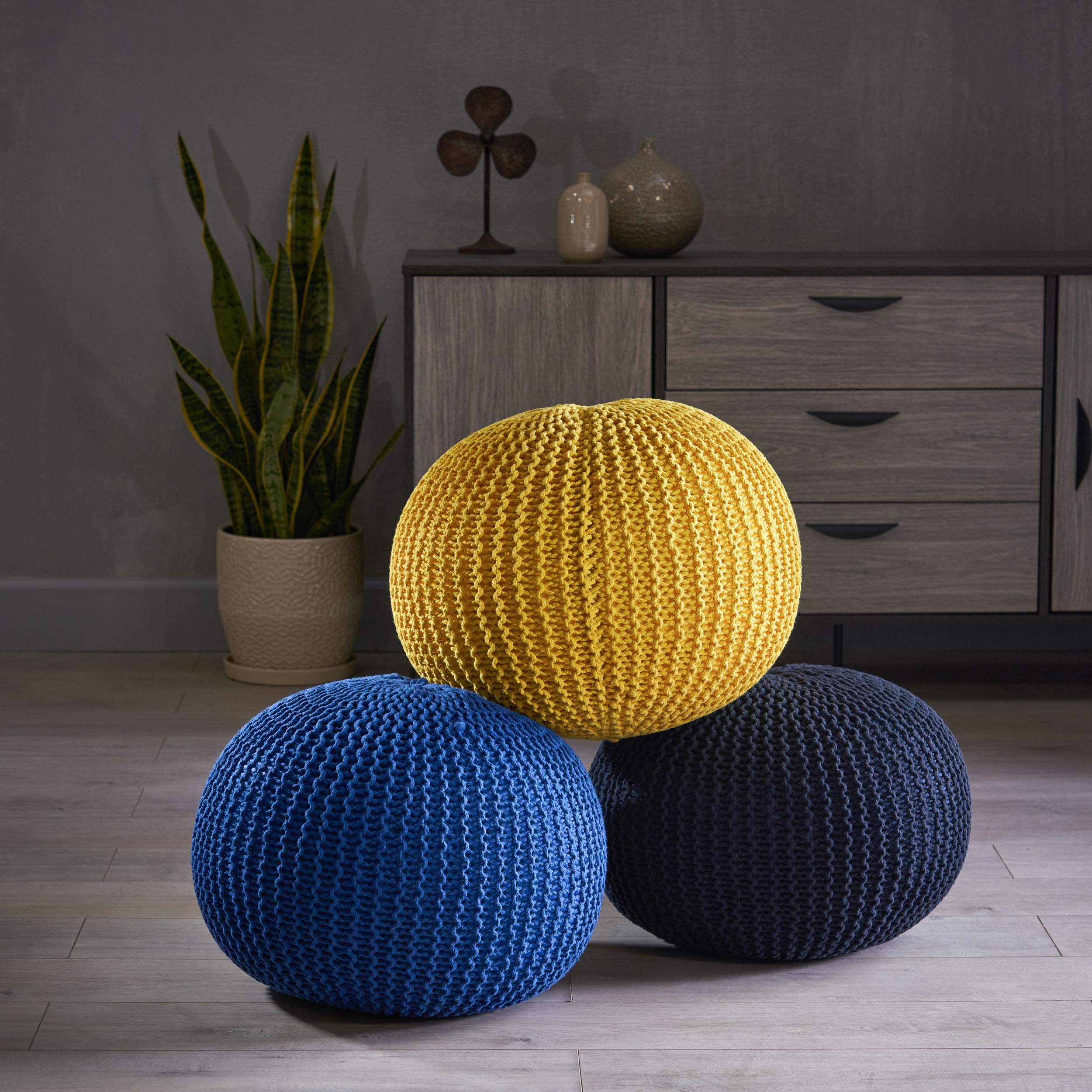 Christopher Knight Home Belle Knitted Cotton Pouf, Yellow