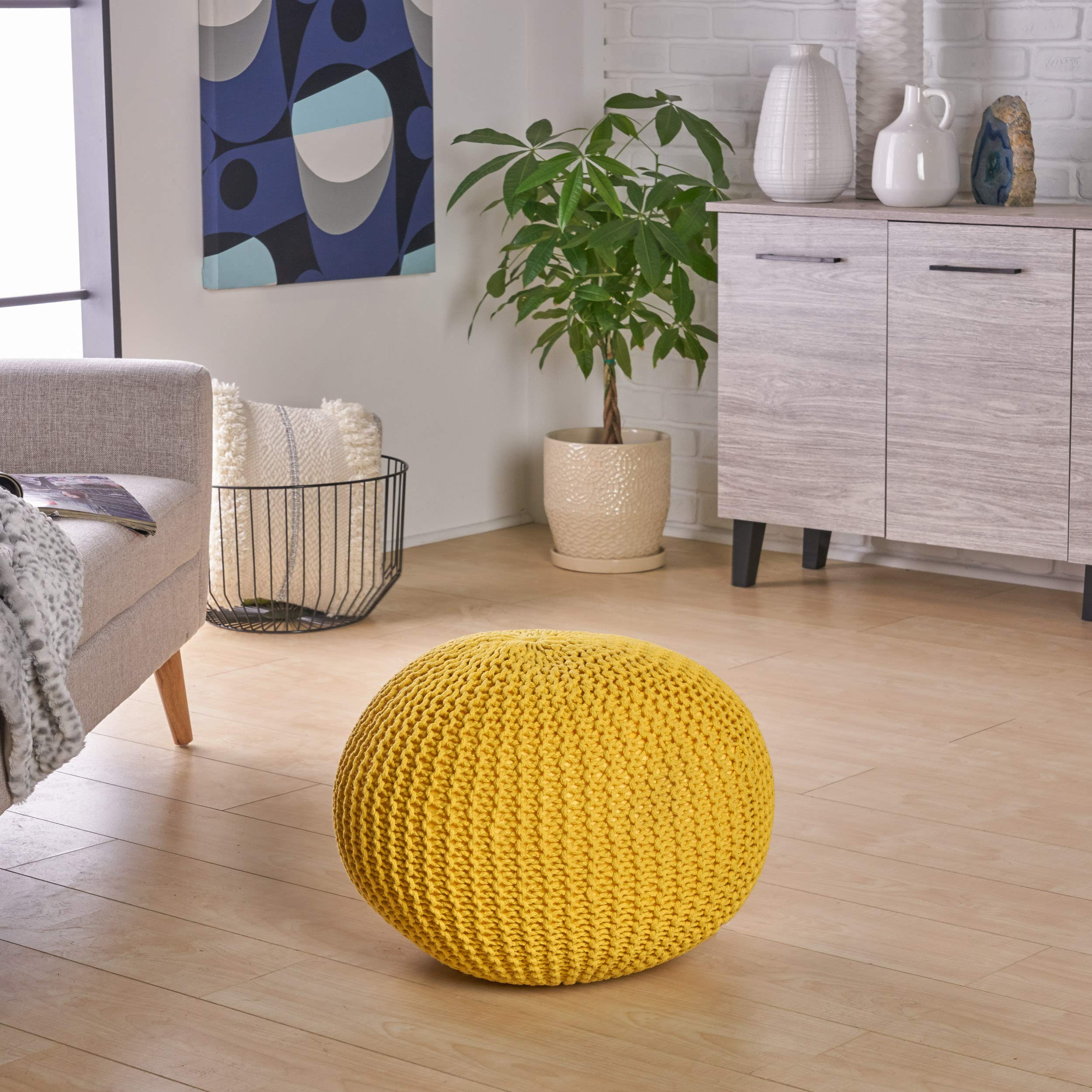 Christopher Knight Home Belle Knitted Cotton Pouf, Yellow