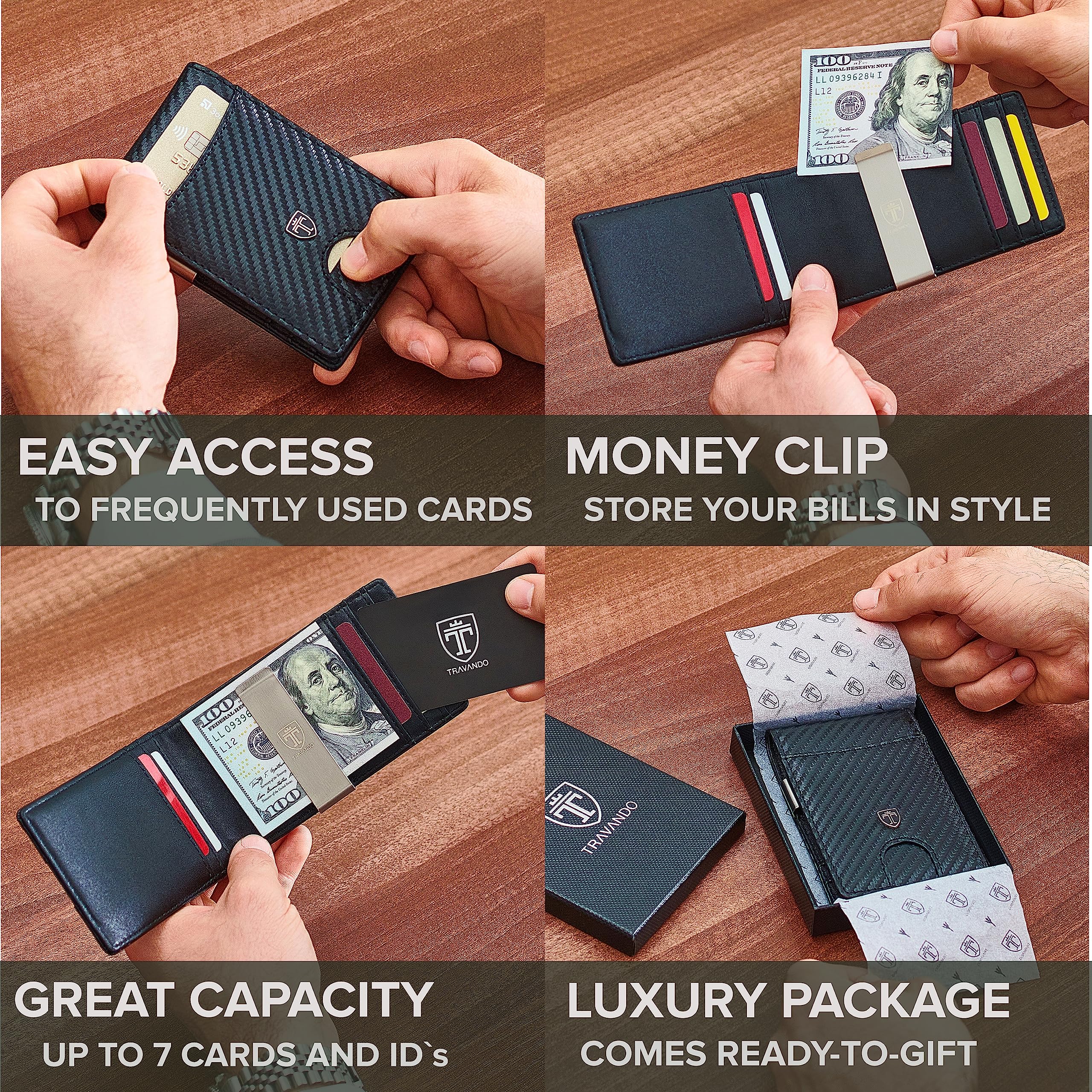 TRAVANDO Money Clip Wallet RIO - Mens Wallets slim Front Pocket RFID Blocking Card Holder Minimalist Mini Bifold Gift Box (Carbon Leather, Carbon)