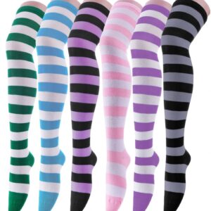 Women's Extra Long Opaque Striped Over Knee High Stockings Socks, 6 Pairs K, One Size