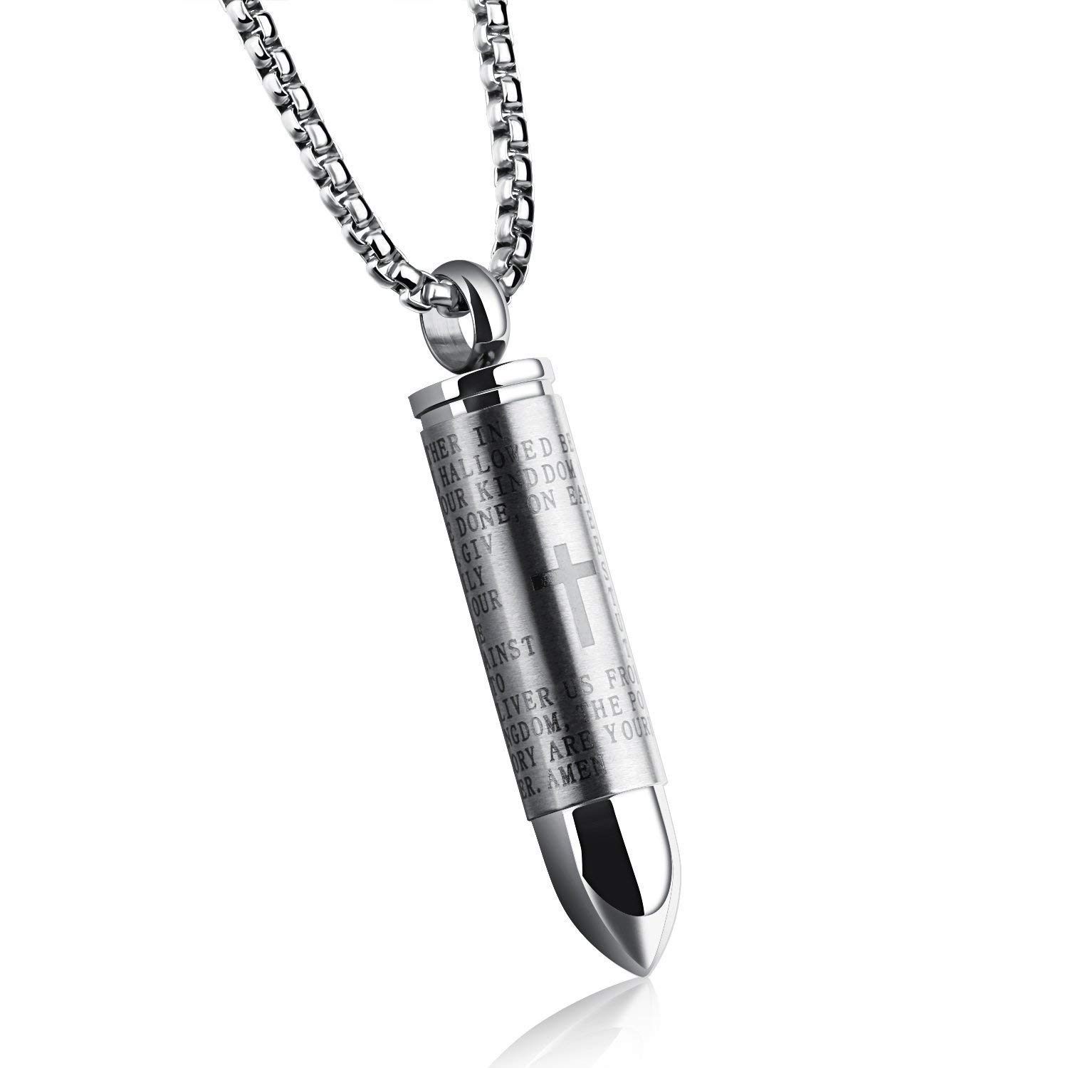 LIANTSH Lord's Prayer Cross Bullet Pendant Stainless Steel Lords Bible in English Cross Prayer Cremation Ashes Urn Necklace, Free Chain-Silver Color