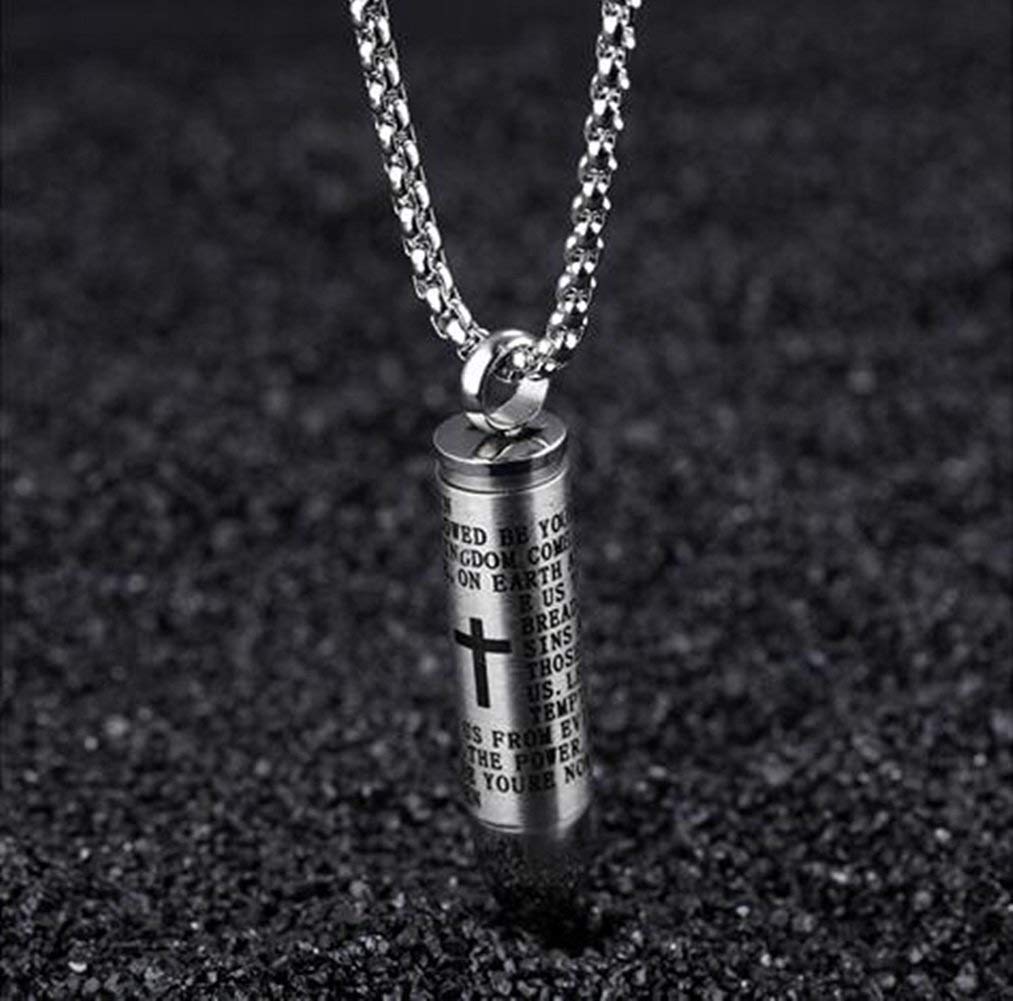 LIANTSH Lord's Prayer Cross Bullet Pendant Stainless Steel Lords Bible in English Cross Prayer Cremation Ashes Urn Necklace, Free Chain-Silver Color