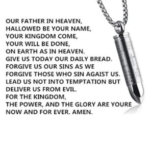 LIANTSH Lord's Prayer Cross Bullet Pendant Stainless Steel Lords Bible in English Cross Prayer Cremation Ashes Urn Necklace, Free Chain-Silver Color