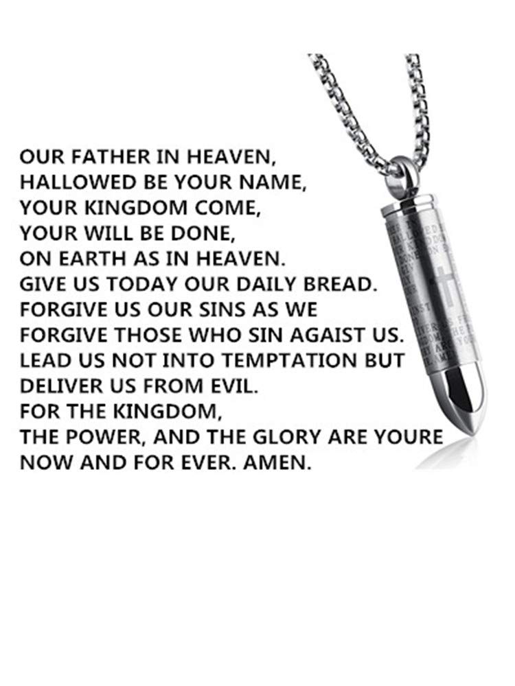 LIANTSH Lord's Prayer Cross Bullet Pendant Stainless Steel Lords Bible in English Cross Prayer Cremation Ashes Urn Necklace, Free Chain-Silver Color