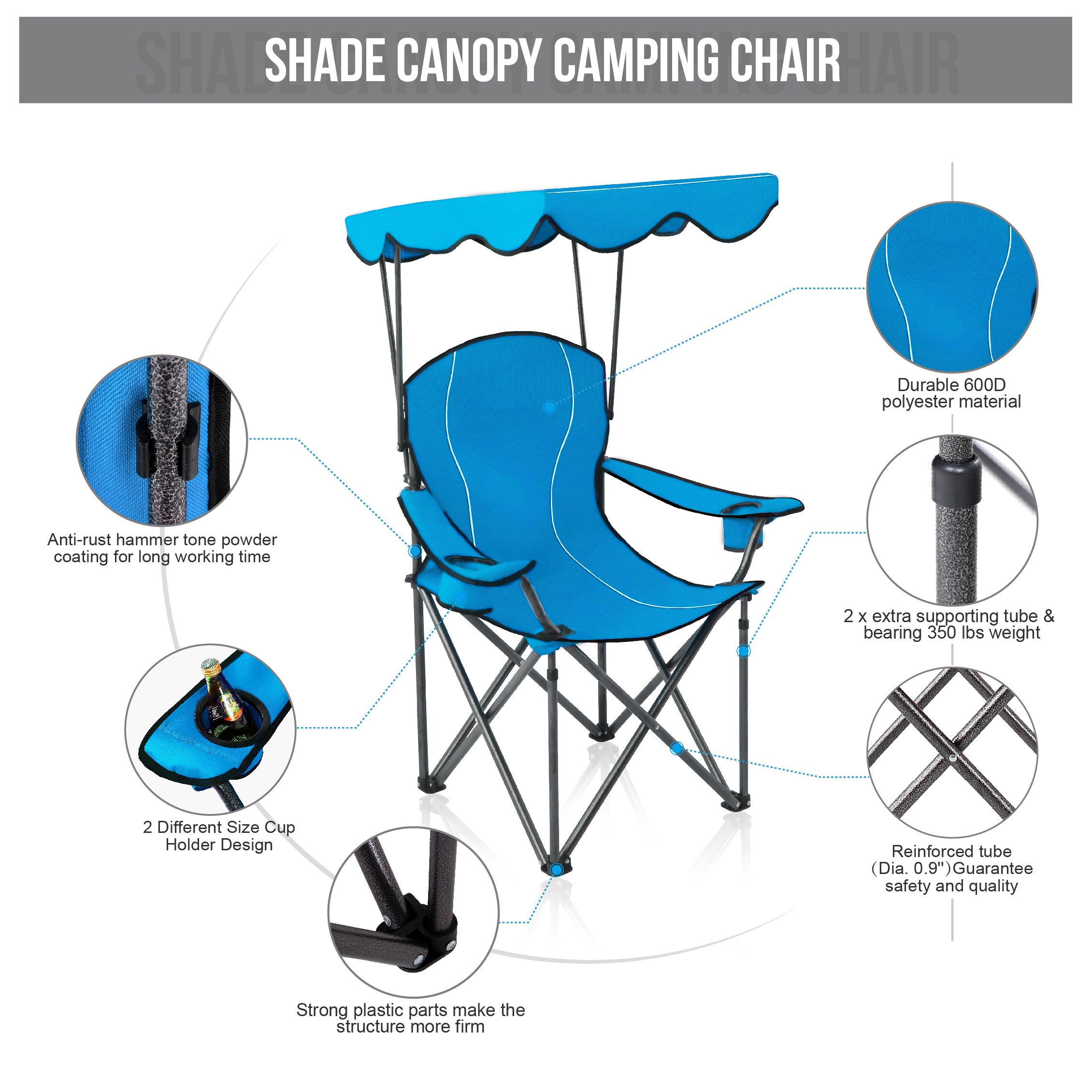 ALPHA CAMP Camp Chairs with Shade Canopy Chair Folding Camping Recliner Support 350 LBS - Cyan Blue