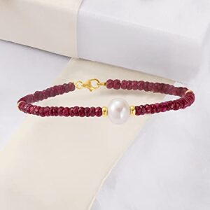 Ross-Simons 9-10mm Cultured Pearl and 22.00 ct. t.w. Ruby Bead Bracelet With 14kt Yellow Gold. 7.25 inches