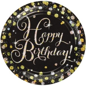 Sparkling "Happy Birthday" Celebration Round Prismatic Plates, 7" (Pack of 8) - Dazzling Black, Silver & Gold Party Plates, Perfect for a Sophisticated Birthday Bash