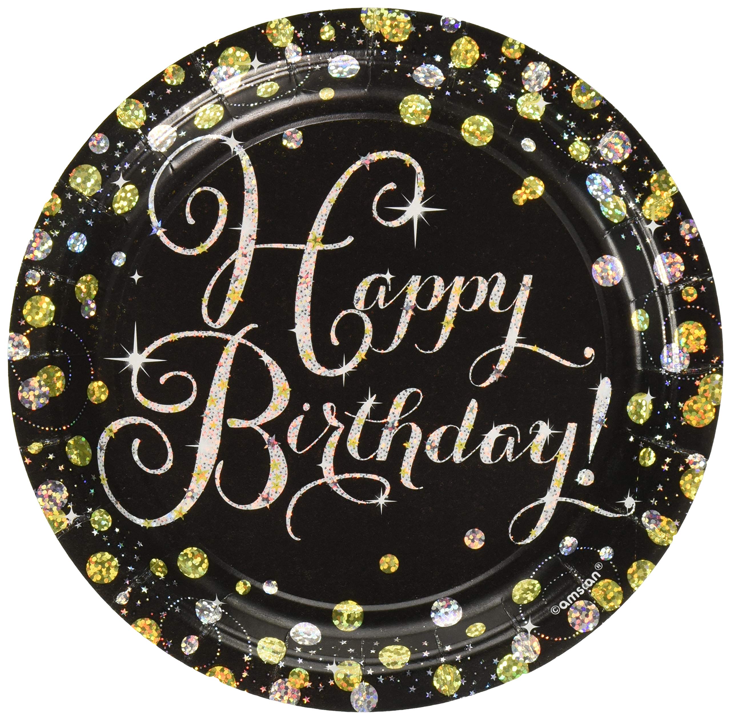 Sparkling "Happy Birthday" Celebration Round Prismatic Plates, 7" (Pack of 8) - Dazzling Black, Silver & Gold Party Plates, Perfect for a Sophisticated Birthday Bash