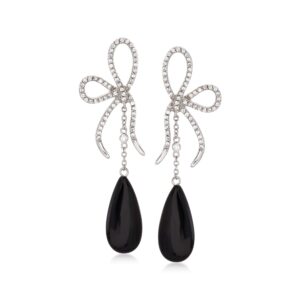 Ross-Simons Black Onyx and 1.20 ct. t.w. CZ Bow Drop Earrings in Sterling Silver