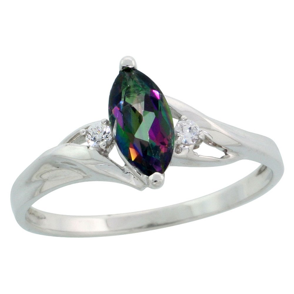 Silver City Jewelry Dainty 10k White Gold Mystic Topaz Ring for Women and Teen Girls Marquise Cut CZ Accent 3/8 inch size 9