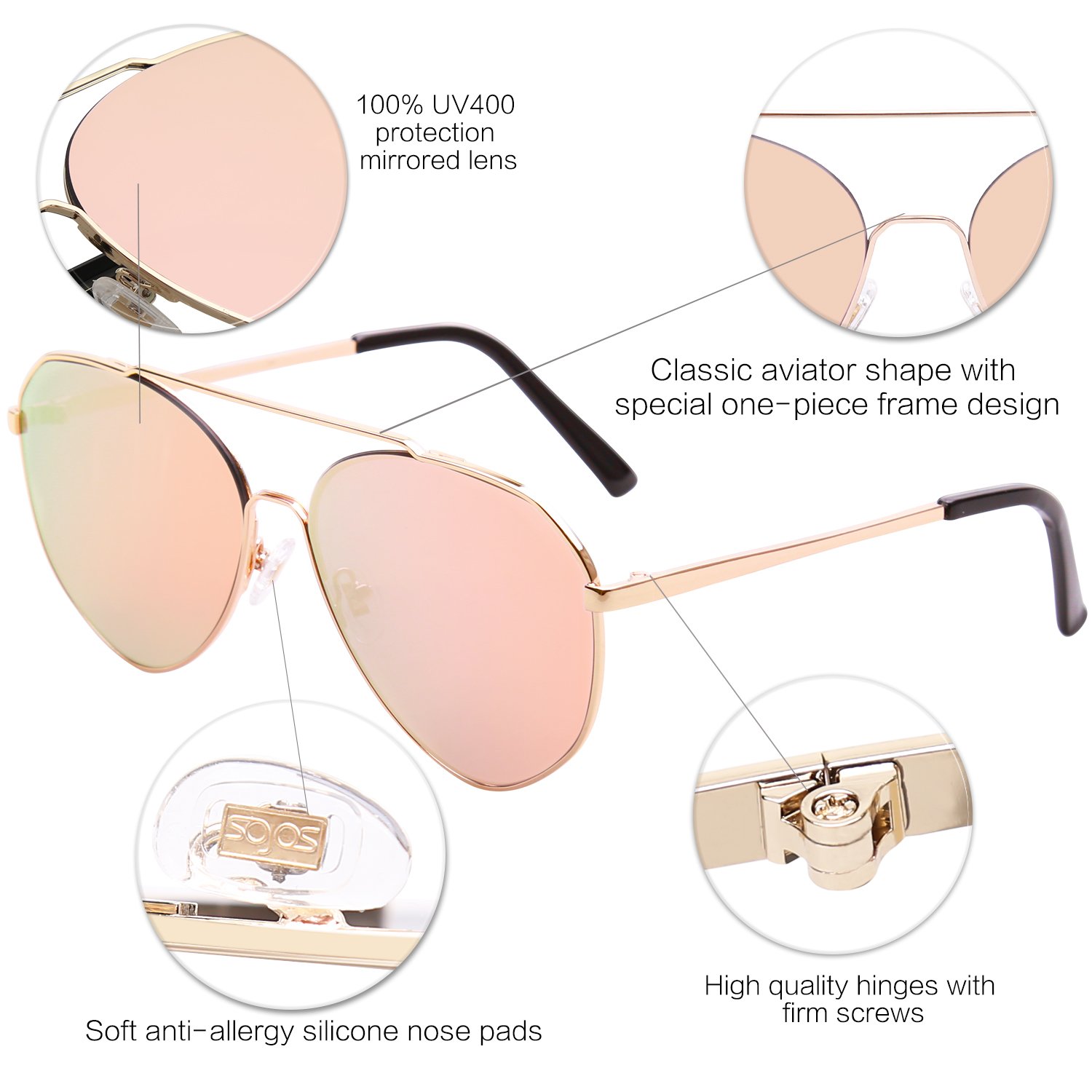 SOJOS Oversized Classic Sunglasses Mirrored Flat Lens for Men Women UV400 SJ1083 with Gold Frame/Pink Mirrored Lens