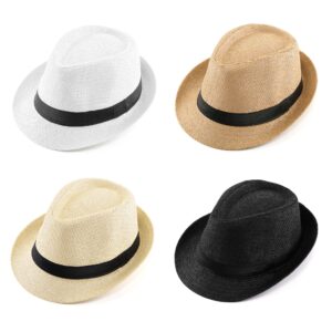 faleto unisex summer panama straw fedora hat short brim beach sun cap classic (#011 pack for 4 colros)