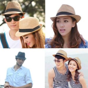 FALETO Unisex Summer Panama Straw Fedora Hat Short Brim Beach Sun Cap Classic (#011 Pack for 4 Colros)