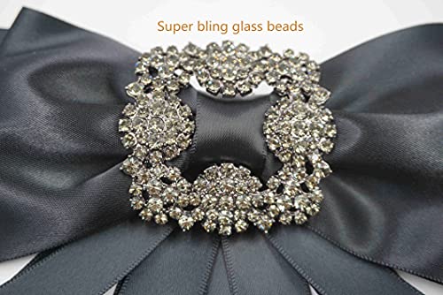 black Ribbon brooch pins for women rhinestone Crystal bow brooch black for Men/Women Pre-Tied Neck Tie BowTie Patriotic jabot Collar for Christmas Decoration (black/J20)