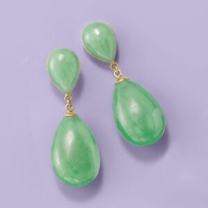 Ross-Simons Green Jade Teardrop Earrings in 14kt Yellow Gold