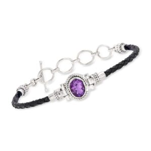 Ross-Simons 2.50 Carat Amethyst and Black Leather Toggle Bracelet in Sterling Silver. 7 inches