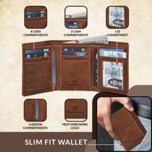 Leather Trifold Wallet For Men - RFID Blocking - 7 Card Slots, 2 Note Compartments & 1 ID Window - Minimalist Design, Slim Wallet - Premium, Fashionable Gifts for Him - Father's day (Cognac Vintage)