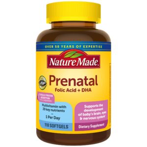 nature made prenatal with folic acid + dha, prenatal vitamin and mineral supplement for daily nutritional support, 110 softgels, 110 day supply