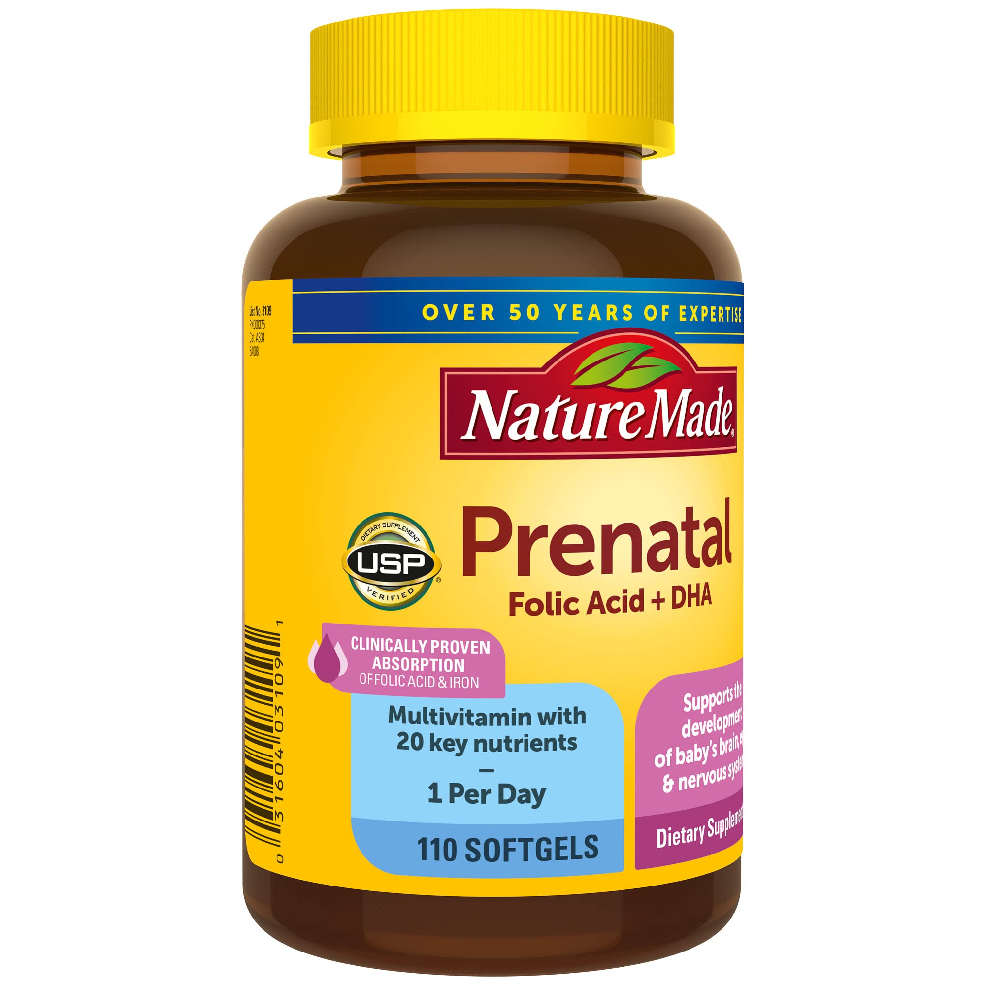 Nature Made Prenatal with Folic Acid + DHA, Prenatal Vitamin and Mineral Supplement for Daily Nutritional Support, 110 Softgels, 110 Day Supply