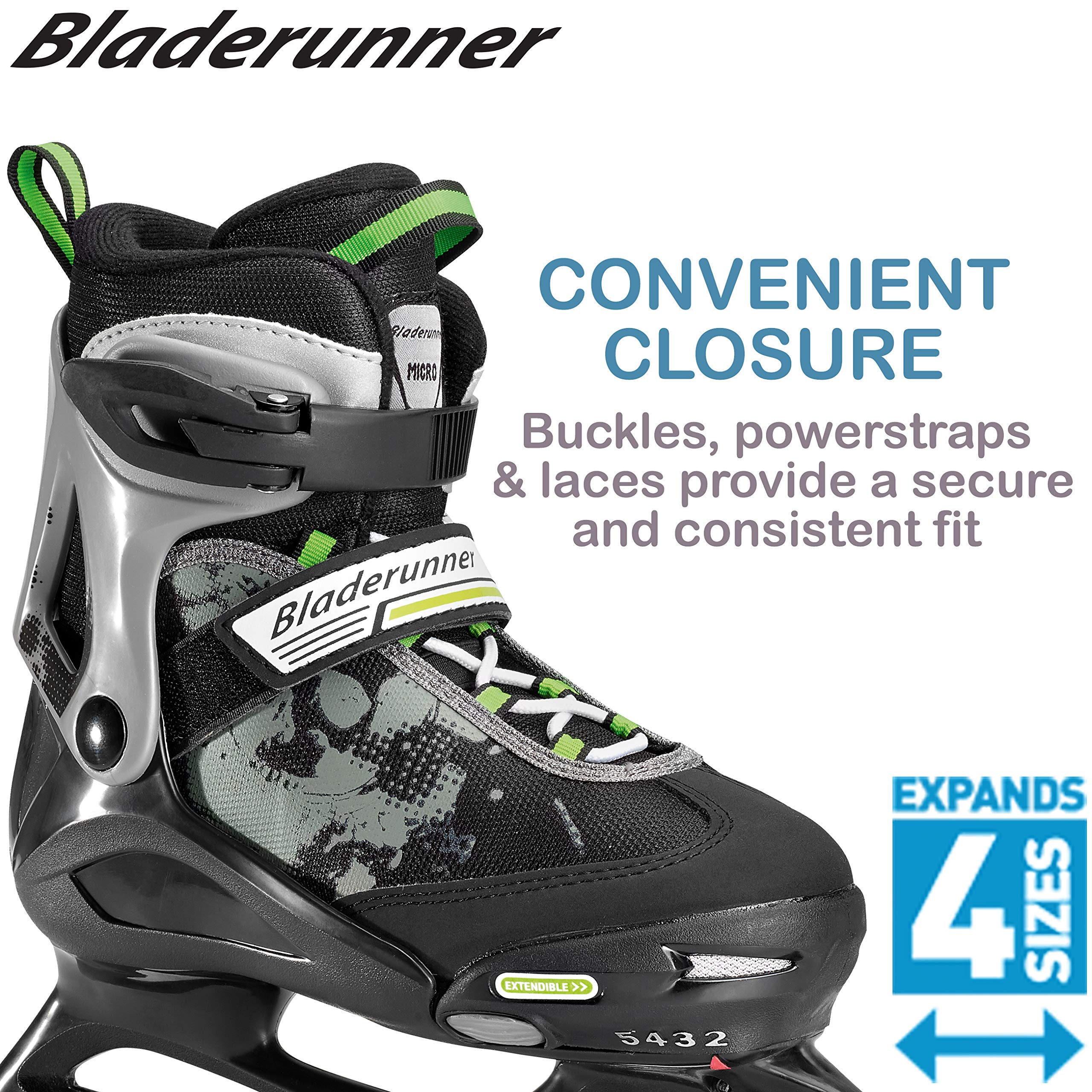 Bladerunner Kids Ice Skates, Black/Green, Size 5-8