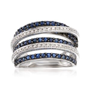 Ross-Simons 1.00 ct. t.w. Sapphire and .15 ct. t.w. Diamond Highway Ring in Sterling Silver. Size 9