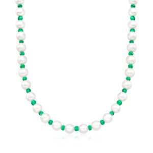 Ross-Simons 8-8.5mm Cultured Pearl and 13.00 ct. t.w. Emerald Bead Necklace With 14kt Yellow Gold. 18 inches