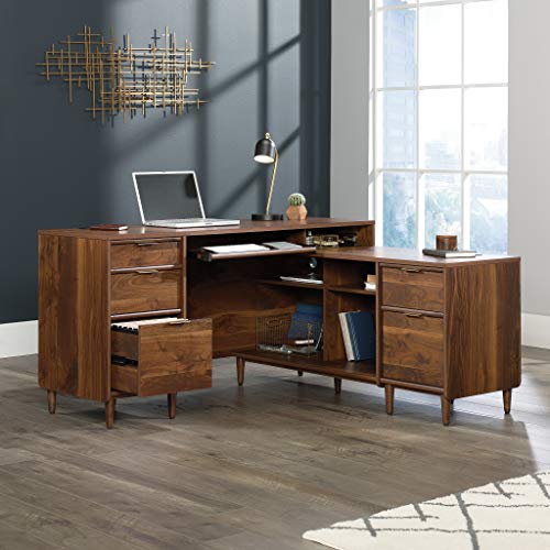 Sauder Clifford Place L-Desk, L: 59.06" x W: 53.54" x H: 30.2", Grand Walnut finish