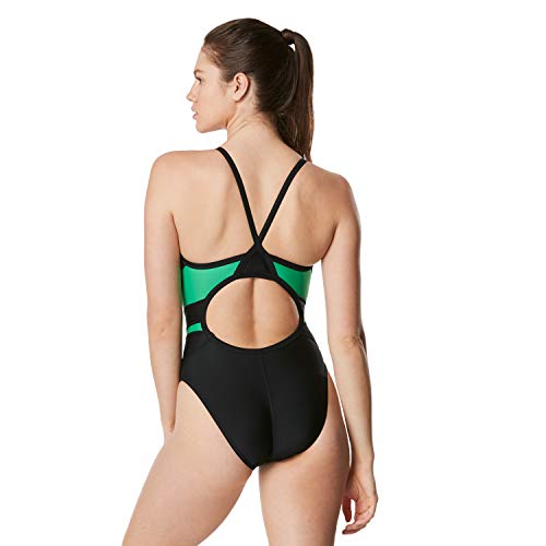 Speedo Womens Powerflex Flyback Solid Adult Team Colors One Piece Swimsuit, Black/Green, 26 US