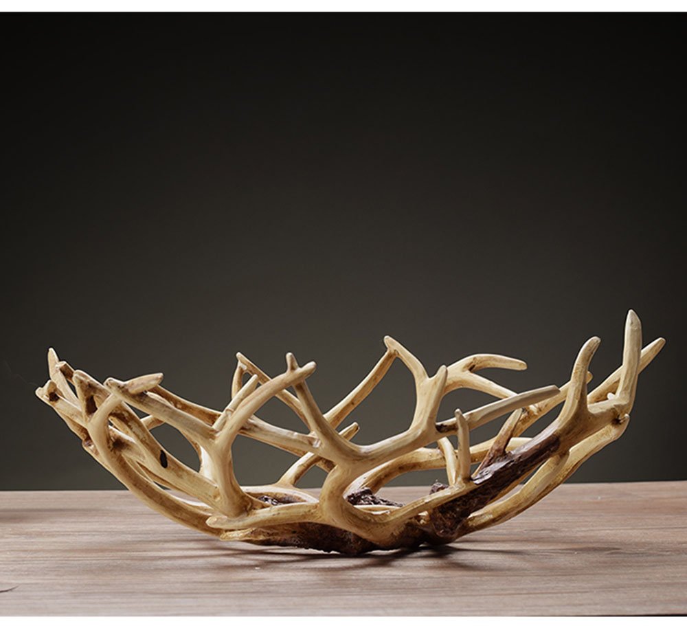 Art Reindeer Deer Antlers Organic Fruit Basket Bowl Artificial Decorative Gift Tray White Rack Drying Decor Fresh Large Storage Stand Plate Holder Shelf Vintage Round Display Container (Deer Classic)