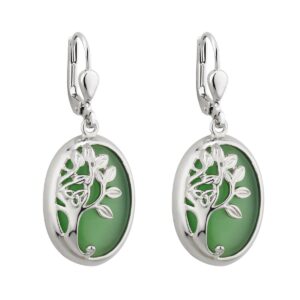 biddy murphy, irish family tree of life earrings for women, rich irish green gem inlay, silver rhodium plated, celtic jewelry, balance, harmony, imported from ireland