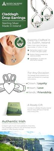 Biddy Murphy, Traditional Irish Claddagh Women's Earrings, Emerald Green Crystal Rhodium Plated Drops, Classic Silver Celtic Jewelry Made in Ireland by Artisan Jewelers