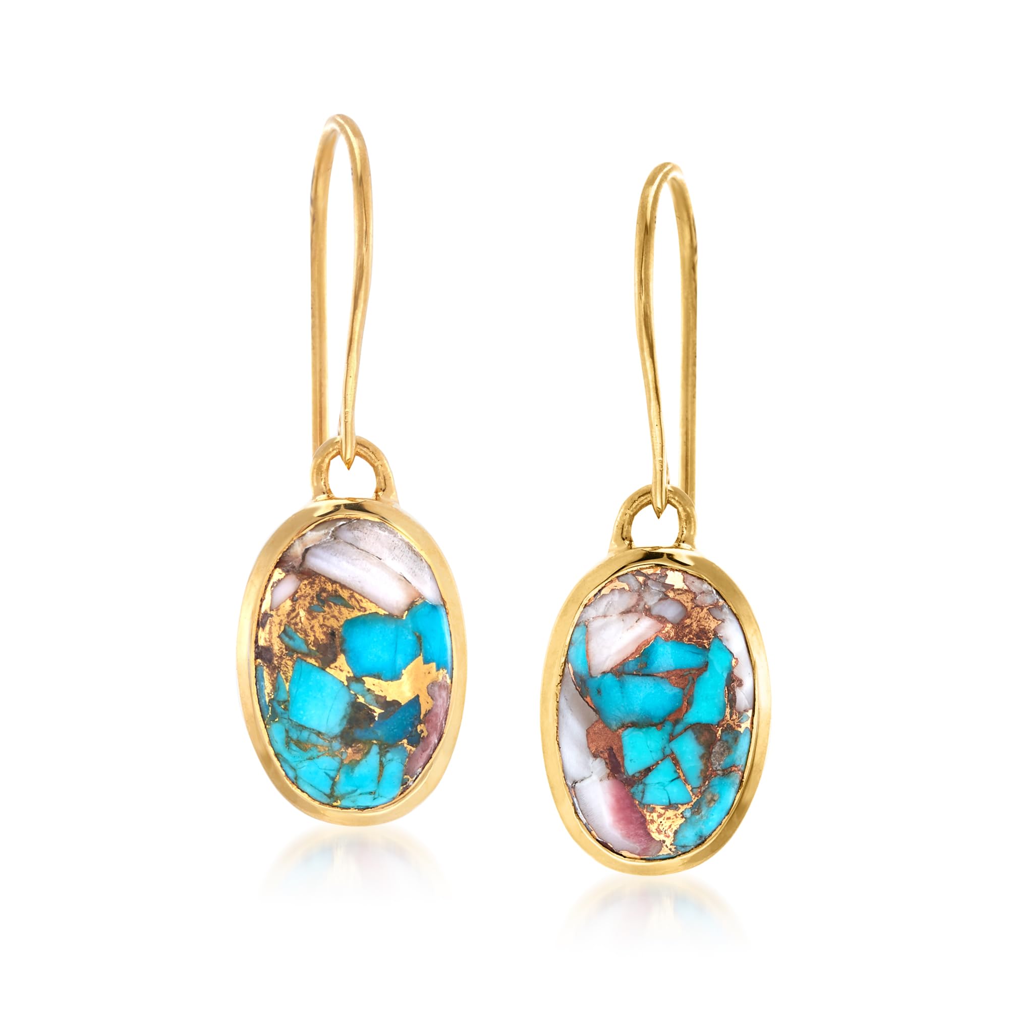 Ross-Simons Oval Kingman Turquoise Drop Earrings in 18kt Gold Over Sterling