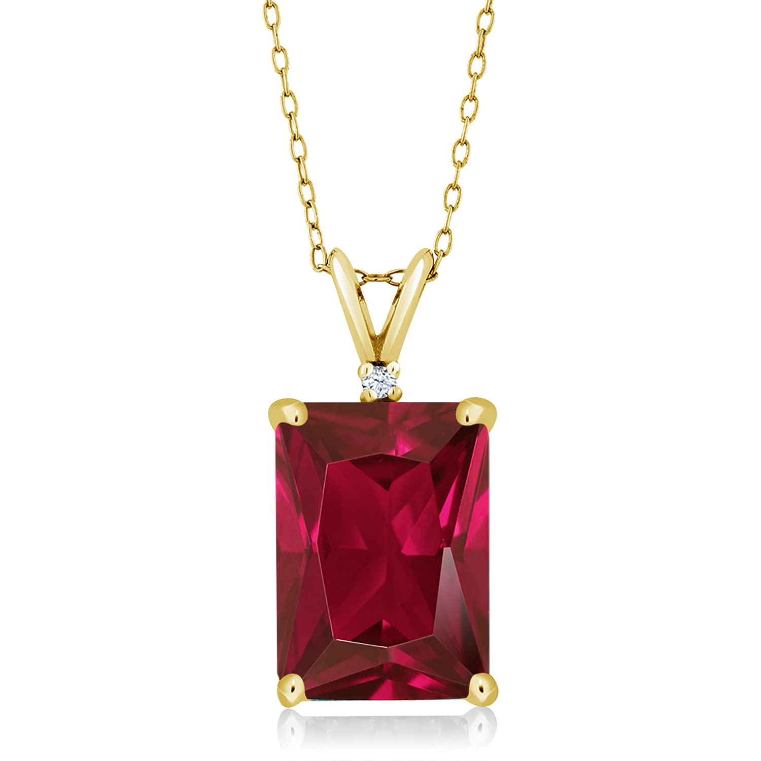 Gem Stone King 18K Yellow Gold Plated Silver Red Created Ruby Pendant Necklace For Women (5.02 Cttw, Gemstone July Birthstone, Emerald Cut 14X10MM, with 18 Inch Silver Chain)