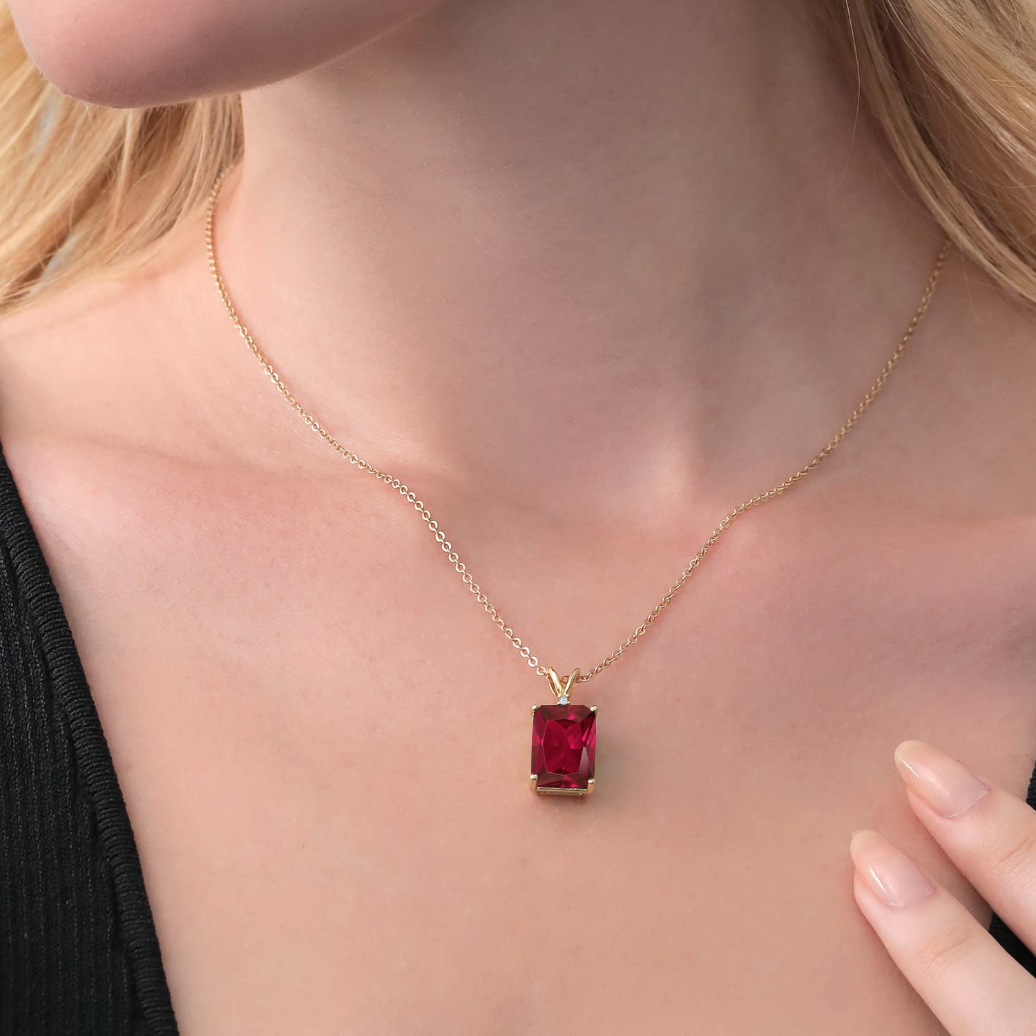 Gem Stone King 18K Yellow Gold Plated Silver Red Created Ruby Pendant Necklace For Women (5.02 Cttw, Gemstone July Birthstone, Emerald Cut 14X10MM, with 18 Inch Silver Chain)