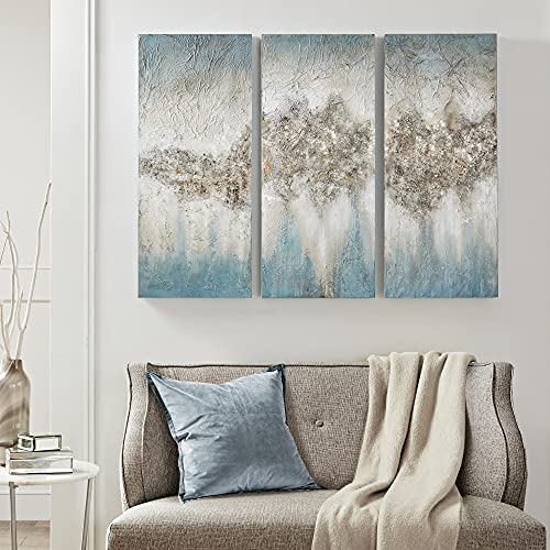 Madison Park Wall Art Living Room Décor - Embellished Hand Painted Canvas, Home Accent Glitter Abstract Bathroom Decoration Ready to Hang Painting for Bedroom, 15" W x 35" H x 1.5" D, Blue 3 Piece