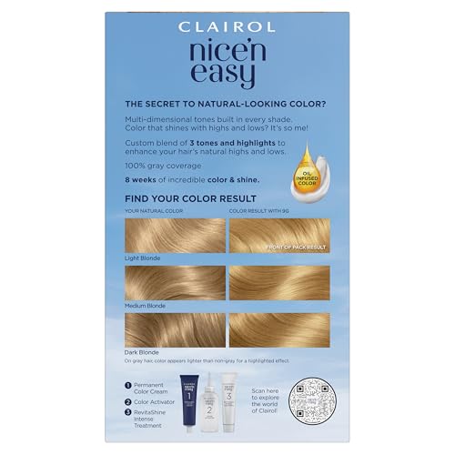 Clairol Nice'n Easy Permanent Hair Dye, 9G Light Golden Blonde Hair Color, Pack of 3