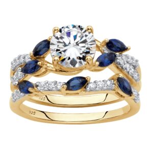 PalmBeach Jewelry Yellow Gold-Plated Sterling Silver Round Cubic Zirconia with Marquise Cut Blue Sapphire or Cubic ZirconiasTwisted Vine Bridal Ring Set Size 7