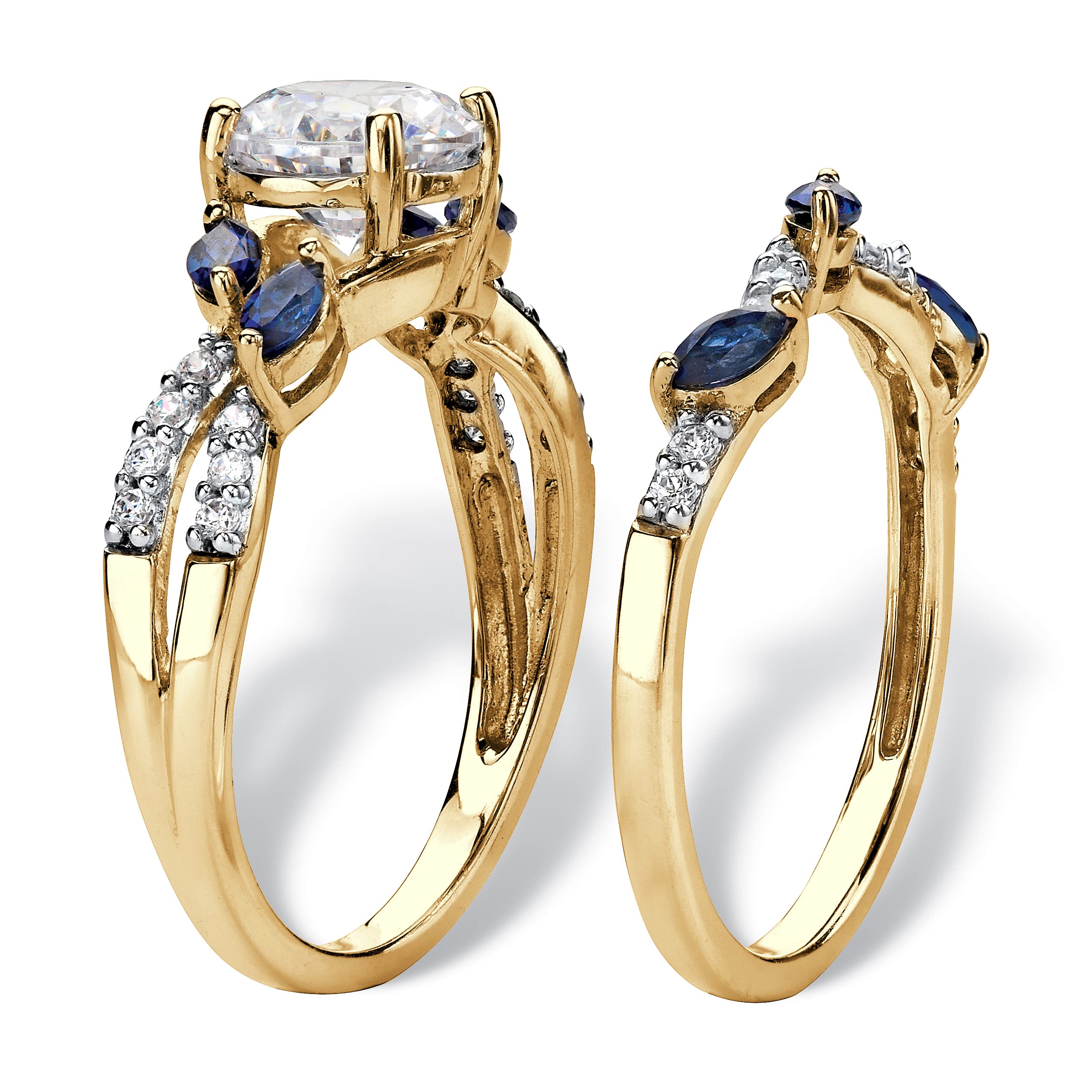 PalmBeach Jewelry Yellow Gold-Plated Sterling Silver Round Cubic Zirconia with Marquise Cut Blue Sapphire or Cubic ZirconiasTwisted Vine Bridal Ring Set Size 7