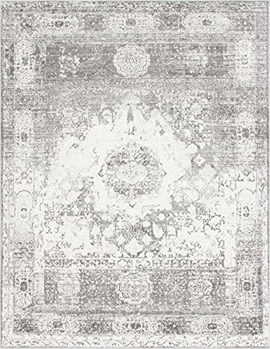 Unique Loom Rosso Collection Traditional, Vintage, Medallion, Border, Distressed, Southwestern Area Rug, 8 ft x 10 ft, Gray/Ivory